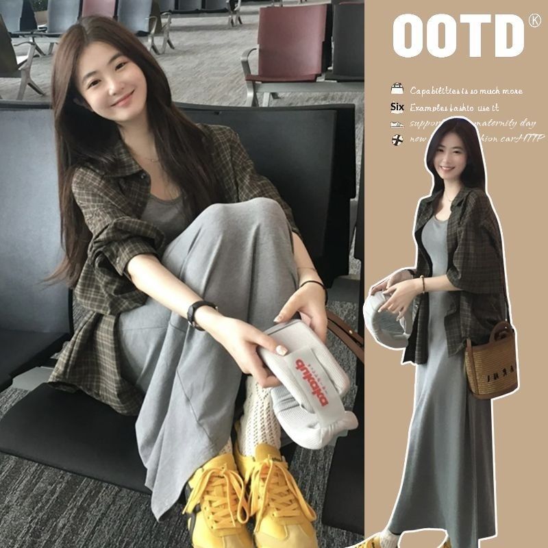 Summer New Korean Fashion Plaid Shirt Top + Mid-Length Vest Dress Two-Piece Maternity Wear_ecoleips.com