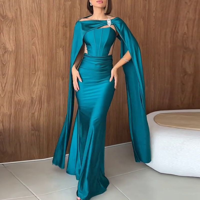 Sexy Off Shoulder High Waist Bridesmaid Dress Lady Casual Shawl Sleeves Slim Long Dress Elegant Draped Solid Color Evening Dress_ecoleips.com