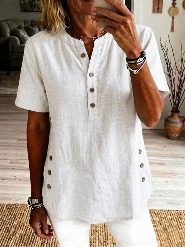 Summer New Women's Henley Collar Top Half Open Short Sleeve Side Buttons Loose Casual Solid Color T-Shirt_ecoleips.com