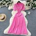Women's French Retro Polo Collar Dress High End Waist Cinching Long Knit Metal Buckle Slim Fitting Short Sleeved_ecoleips.com
