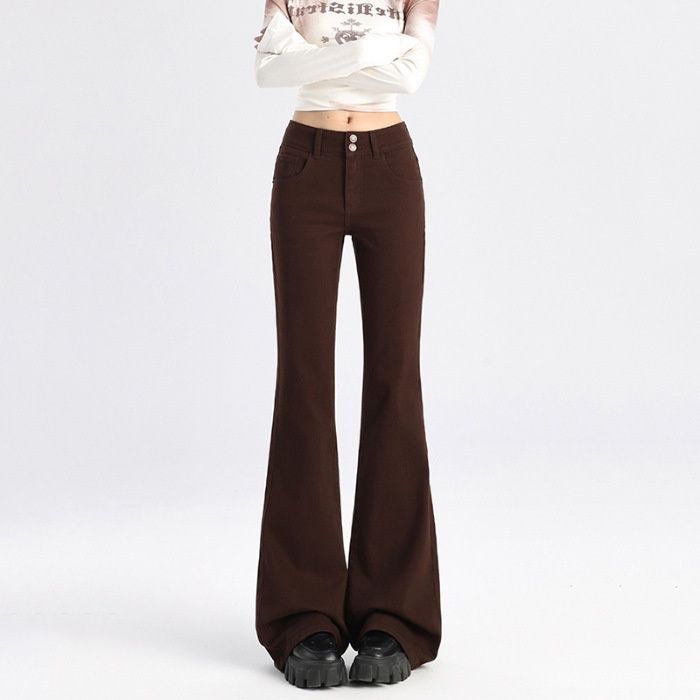Minghai Sweet Cool Style Ankara Red Micro Flare Double Button Jeans For Women, New Autumn High-Waisted Slimming Long_ecoleips.com