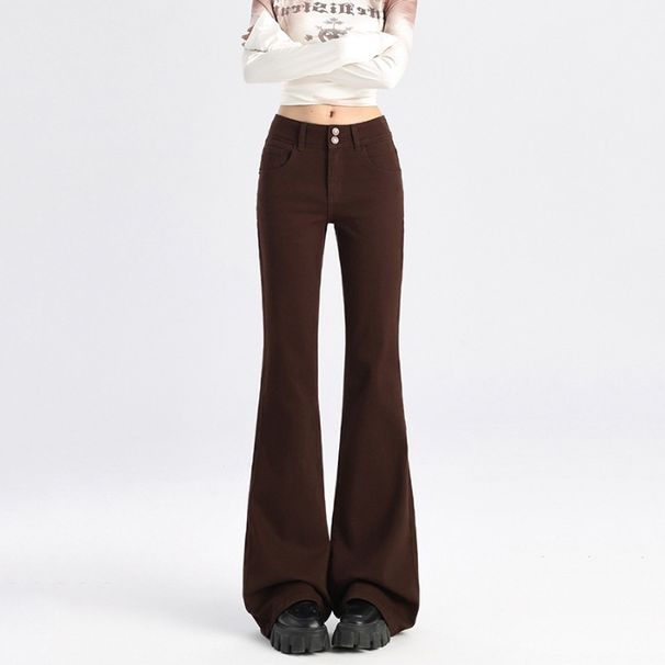 Minghai Sweet Cool Style Ankara Red Micro Flare Double Button Jeans For Women, New Autumn High-Waisted Slimming Long_ecoleips.com