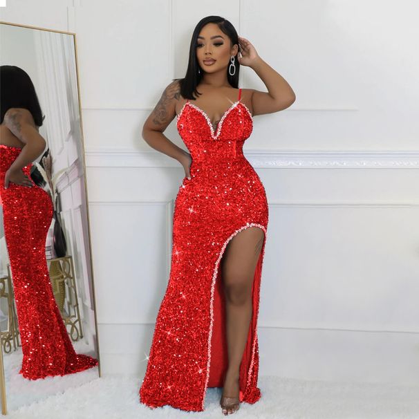 sexy suspender V-neck sequin high slit evening dress fashionable slim dress_ecoleips.com
