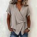 Voya Women's New Casual Solid Color Short Sleeved Top, New Lapel Tie Irregular Top, Multiple Colors To Choose From_ecoleips.com