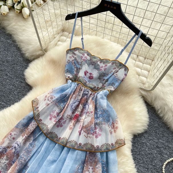 Women's French Romantic Style Blue Floral Print Sundress Summer Korean Cake Dress Slimming Vacation Long Dress_ecoleips.com
