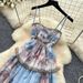 Women's French Romantic Style Blue Floral Print Sundress Summer Korean Cake Dress Slimming Vacation Long Dress_ecoleips.com