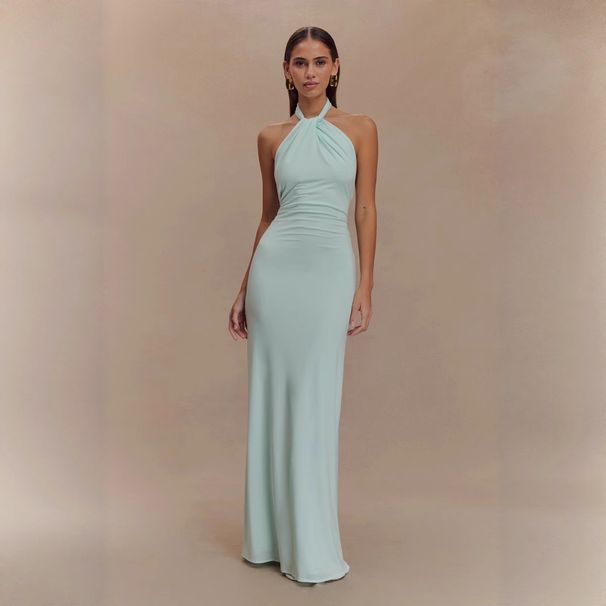 Sexy Halter Neck Wrap Dress For Women - Bodycon Tie-Waist A-Line Maxi Dress With High Elasticity, (White Cyan, Navy, Brown, Green)_ecoleips.com