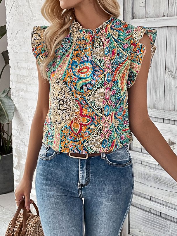 Women's Clothing Women's Retro Ethnic Print Top Short Sleeved Butterfly Sleeves For Formal & Casual For Women_ecoleips.com