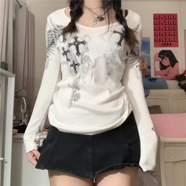 Y2k Graphic Cross Wings Print Long Sleeve Women Grunge Fairy T-shirt Harajuku Tee 2000s Aesthetic Punk Style Clothes Streetwear_ecoleips.com