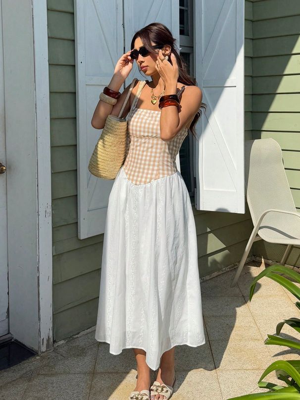 Women's Plaid Patchwork Dress Sleeveless French Summer Style Yellow White Embroidery New Cross Border_ecoleips.com