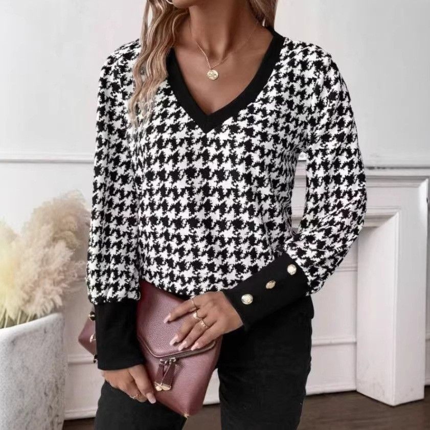 Women's Floral Print V-Neck Long Sleeve T-Shirt Blouse - Elegant Spring Casual Top For Work & Daily Wear_ecoleips.com