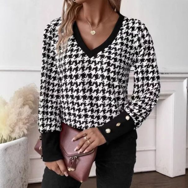 Women's Floral Print V-Neck Long Sleeve T-Shirt Blouse - Elegant Spring Casual Top For Work & Daily Wear_ecoleips.com