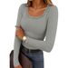 Women's Y2K Style Solid Color Lace Patchwork Long Sleeve T-Shirt Square Neck Slim Fit Casual Knit Top Comfortable Design_ecoleips.com