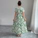 Women's Clothing Fashion Summer New Waist Round V Neck Puff Sleeves Big Swing Dress Travel Holiday Beach Long Skirt_ecoleips.com