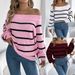 Casual Striped Off-Shoulder Lantern Sleeve Pullover Sweater Women's Clothing_ecoleips.com