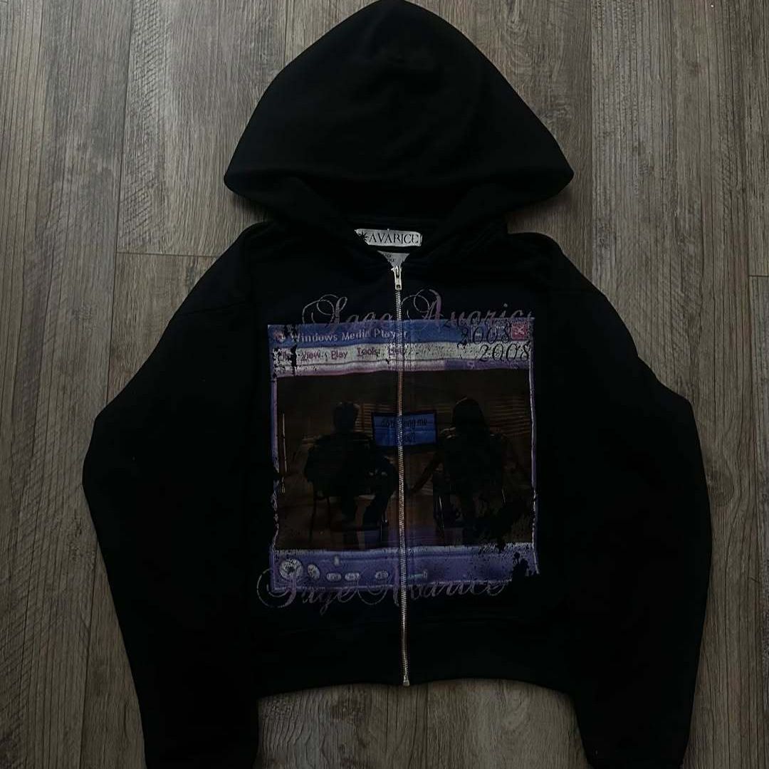 Japanese Street Style Vintage Hooded Zip up Sweatshirt Women's Retro Trendy Printed Versatile Top for European And American Cross Border Wholesale_ecoleips.com