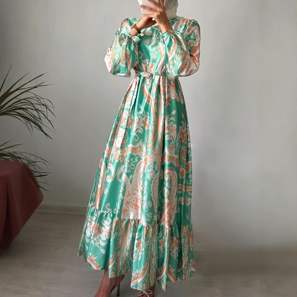 Ladies Fashion Temperament Elegant Contrast Color Personality Cuff Design With Belt Long Dress_ecoleips.com