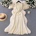 Beaded Hollow Out Women's Dress American Style Round Neck Slim Fit Waist Short Sleeve Summer Knit Dress_ecoleips.com
