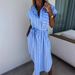 Women's Clothing Retro Elegant Simple Striped Sleeveless Loose Mid Length Shirt Dress Lace Up Shirt_ecoleips.com