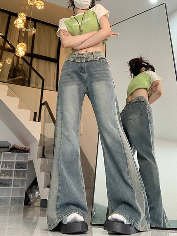 Plus-size Vintage Denim Jeans Women, Summer American Style, New Design With Patchwork, Petite-friendly, Slightly Flared_ecoleips.com