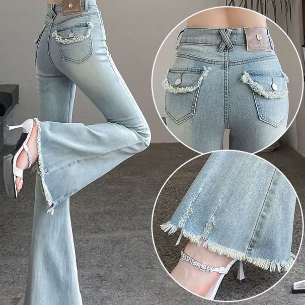Elegant High-end Frayed Hem Flared Jeans For Women, New Spring/summer Style, High-waisted, Slim-fit, Stretchy,_ecoleips.com