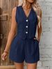 Women's Clothing Women's Sleeveless Button-Front Top & Shorts Set - Solid Color Casual Outfit_ecoleips.com