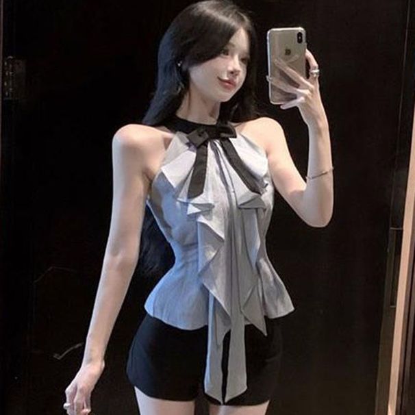 Korean-style Ins Celebrity-style Sleeveless Waist-cinching Ultra-feminine Top With Unique Design, Featuring A Halter_ecoleips.com