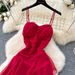 Red Strapless Resort Style Dress for Women High End Feel Pleated Waist French Style Irregular Ruffled Hem_ecoleips.com