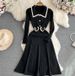 Elegant A-Line Knit Dress With Bow Collar – Chic Contrast Color Long Sleeve Dress For Women | Slimming Office & Party Wear_ecoleips.com