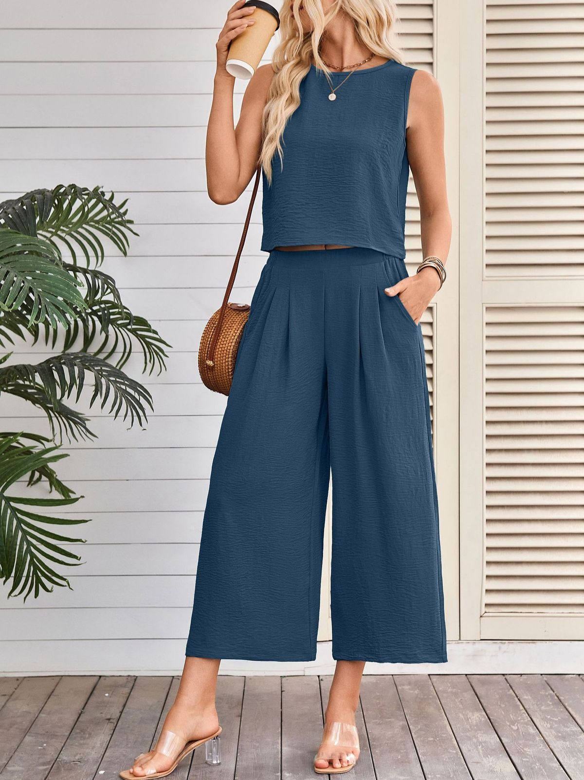 Women's Clothing Summer Casual Sleeveless Vest Wide Leg Nine Point Pants Suit Women_ecoleips.com
