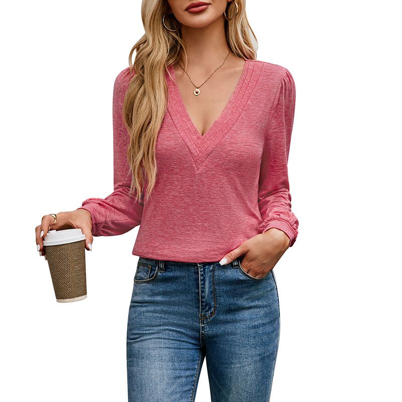 Women's Clothing Long Sleeve V-Neck T-Shirt - Soft Cotton Blend, Loose Fit, Casual & Stylish, Multiple Colors (Navy, Purple, Pink, Green, Black)_ecoleips.com