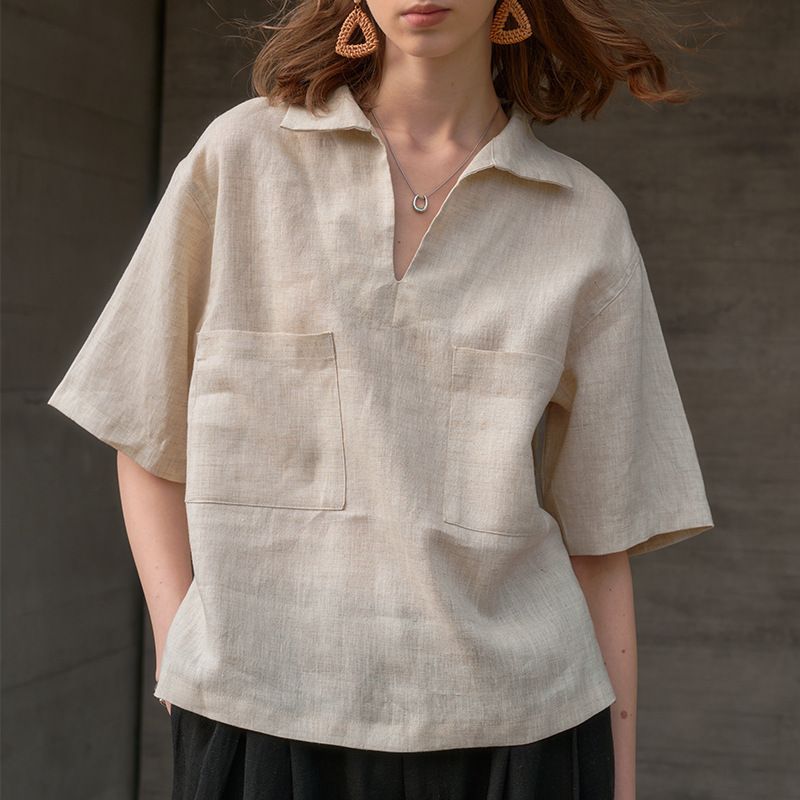 Women's Linen High End Shirt V Neck Loose Fitting Short Sleeved Collared Top European American Style Summer Wide Cut_ecoleips.com