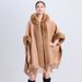 loose plaid plus velvet thick fur collar knitted shawl cape women's woolen shawl coat_ecoleips.com