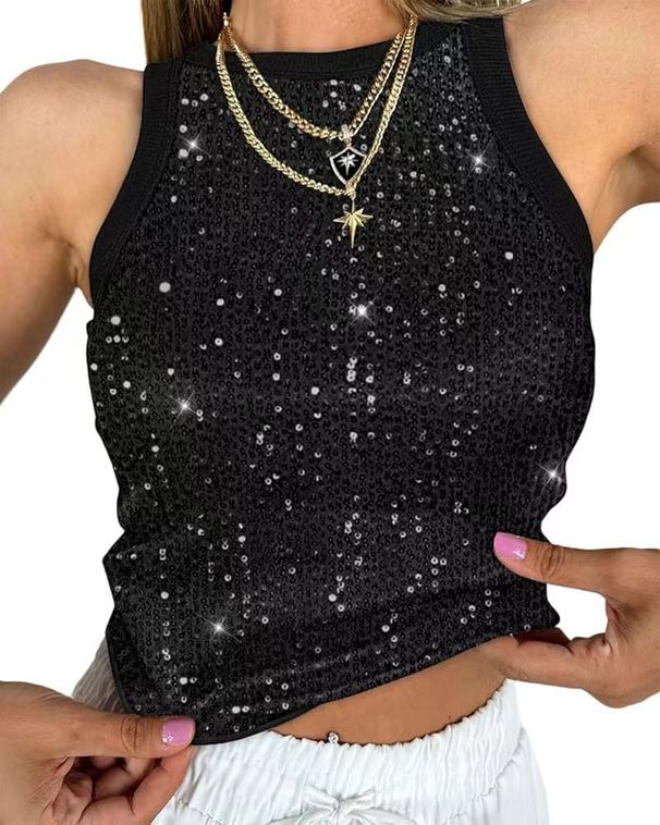 Sequined Leopard Print Women's Small Vest Sexy Navel Baring Waist Baring Color Matching Sleeveless Tops For Women_ecoleips.com