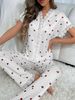 Women's Clothing Home Clothes Cherry Print Short Sleeved Lapel Pajamas Long Pants Two Piece Suit_ecoleips.com