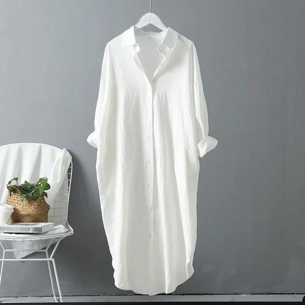 Cotton-linen Sun-protective White For Women, 2026 Spring-summer New Versatile Loose Casual Top, Mid-length Shirt Dress_ecoleips.com