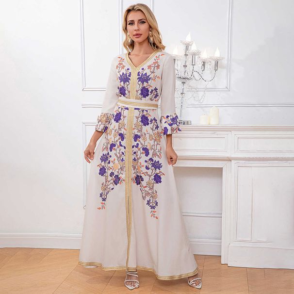 Women's Clothing Printed Trumpet Sleeve Long Skirt Robe Dress Women's Dress_ecoleips.com
