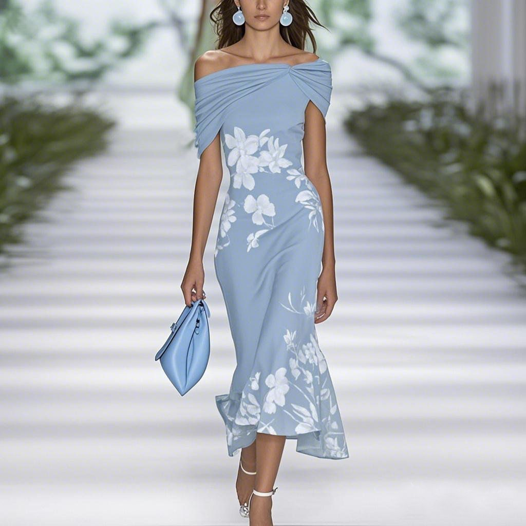 Women's Clothing Digital Printing Oblique Shoulder Short Sleeve Summer Dress_ecoleips.com