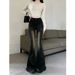 Vintage Black Gray High Waist Flared Stretch Tassel Jeans For Women With Design Sense, Washed Versatile Petite Bootcut_ecoleips.com
