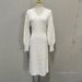 Women's Clothing Elegant Hollow-Out Crochet Knit Dress With V-Neck & Lantern Sleeves For Women, High Waist Bodycon Midi Dress In Apricot (One Size)_ecoleips.com