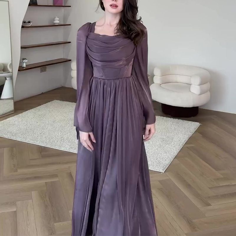 Women's Clothing Autumn Square Neck Pleated Slim Temperament High Waist Skirt Women_ecoleips.com
