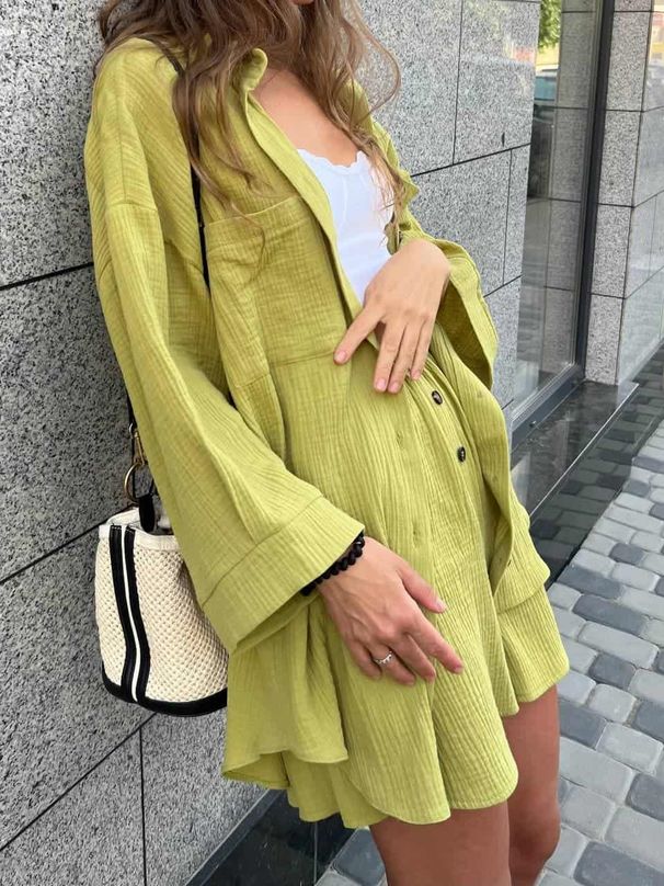 Women's Clothing Casual Temperament New Women's Clothing Solid Color Cardigan Button Down Top Fashion Shorts Two Piece Set_ecoleips.com