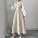 Elegant Slim-Fit Winter Dress For Women - High Waist Long Sleeve Bodycon Dress With Color Blocking Detail, Semi-High Neck Office Dress (White, S-Xxl)_ecoleips.com