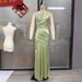 Satin Off-Shoulder Long Dress European American Style Asymmetrical Pleated Waist Fishtail Draped Skirt Hollow out Detail_ecoleips.com