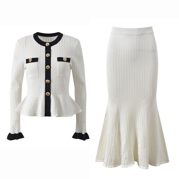 French-Inspired Knit Two-Piece Set – Elegant Contrast Collar Top & Maxi Skirt With Metallic Accents_ecoleips.com