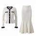 French-Inspired Knit Two-Piece Set – Elegant Contrast Collar Top & Maxi Skirt With Metallic Accents_ecoleips.com
