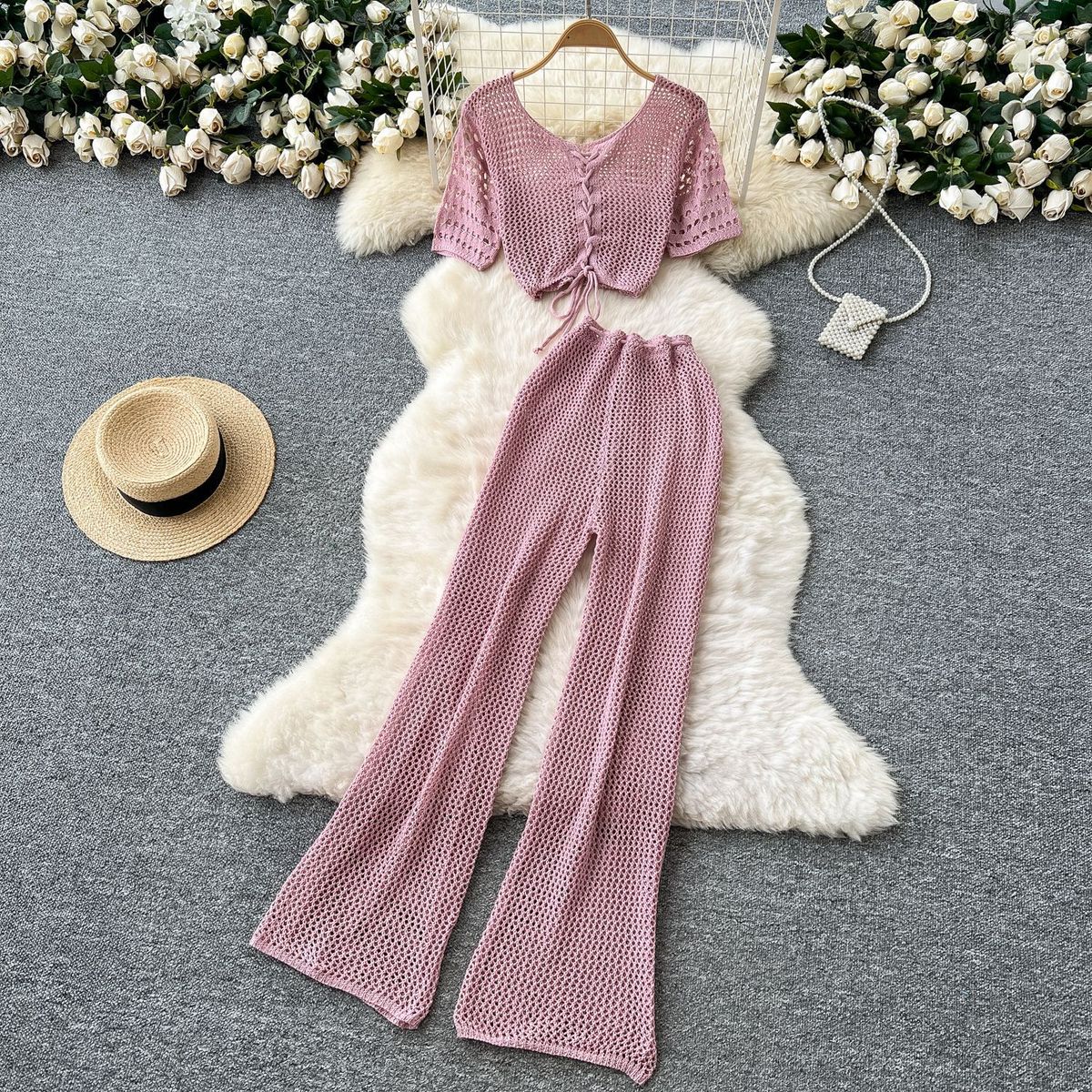 Women's Clothing Sweet And Scheming Strap Design Short Sleeved Knitted Top High Waist Wide Leg Pants Two Piece Suit_ecoleips.com
