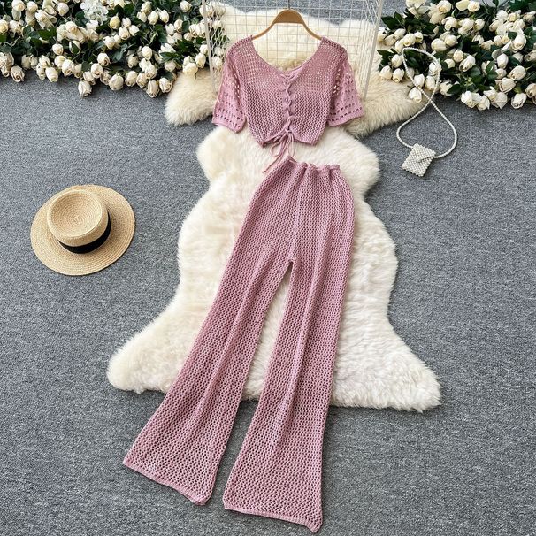 Women's Clothing Sweet And Scheming Strap Design Short Sleeved Knitted Top High Waist Wide Leg Pants Two Piece Suit_ecoleips.com