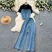 Revival Denim & Knit Set – Cropped Mock Neck + High-Waisted Wide-Leg Jeans (S/M/L, Grey/White/Black)_ecoleips.com