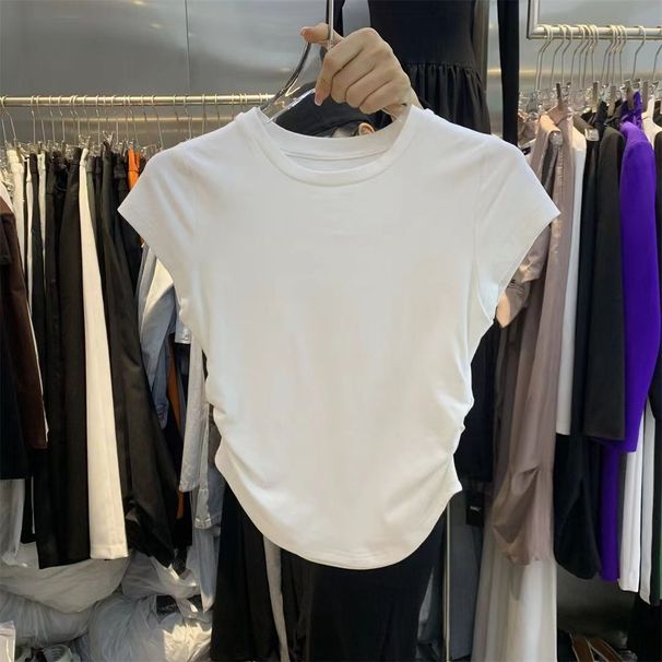 Ins Spice Girls Pure Waist T-Shirt Short Sleeve Women's Summer New Solid Color Bottom Pullover Slim Top_ecoleips.com